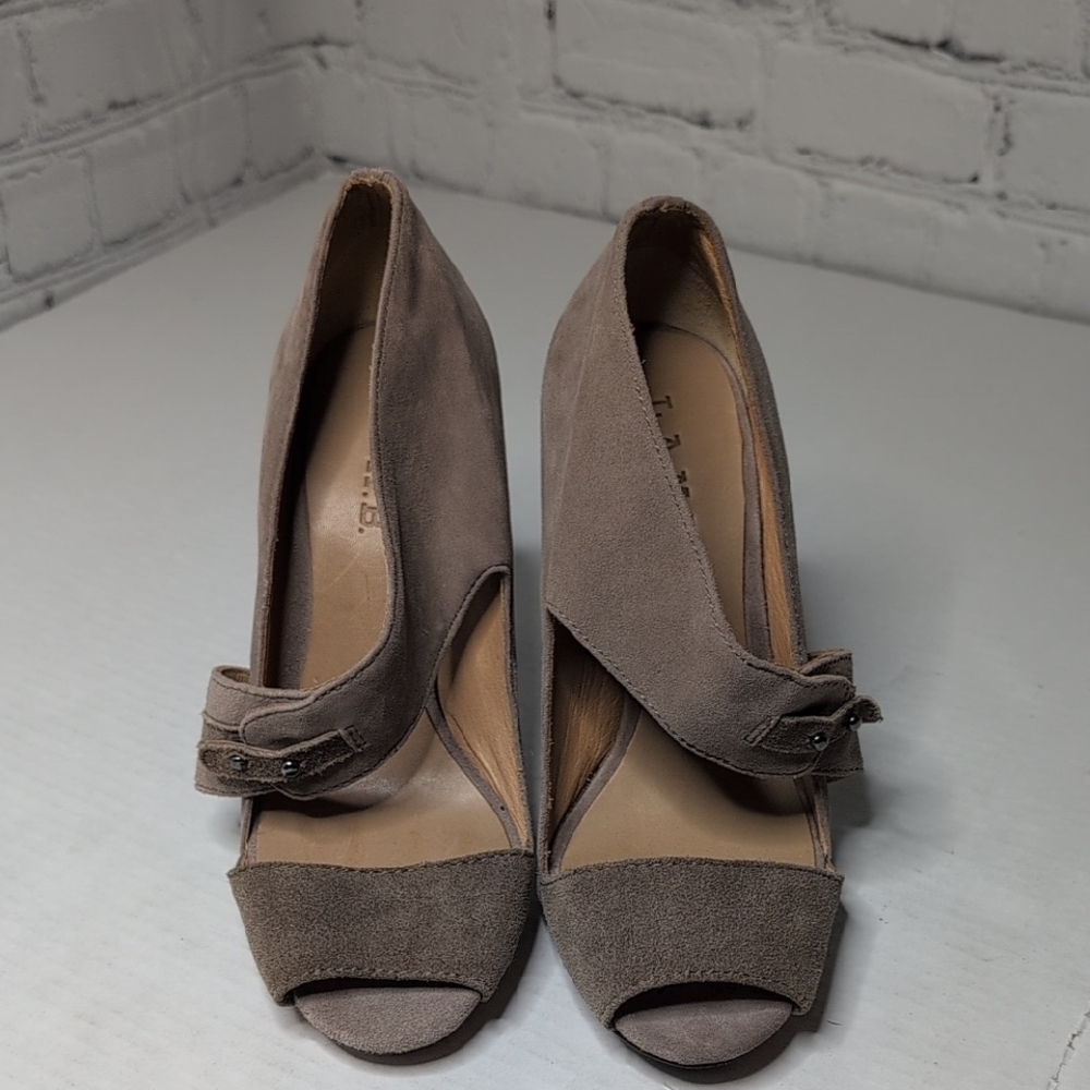 L.A.M.B. Suede And Leather Taupe Peep-Toe Heels